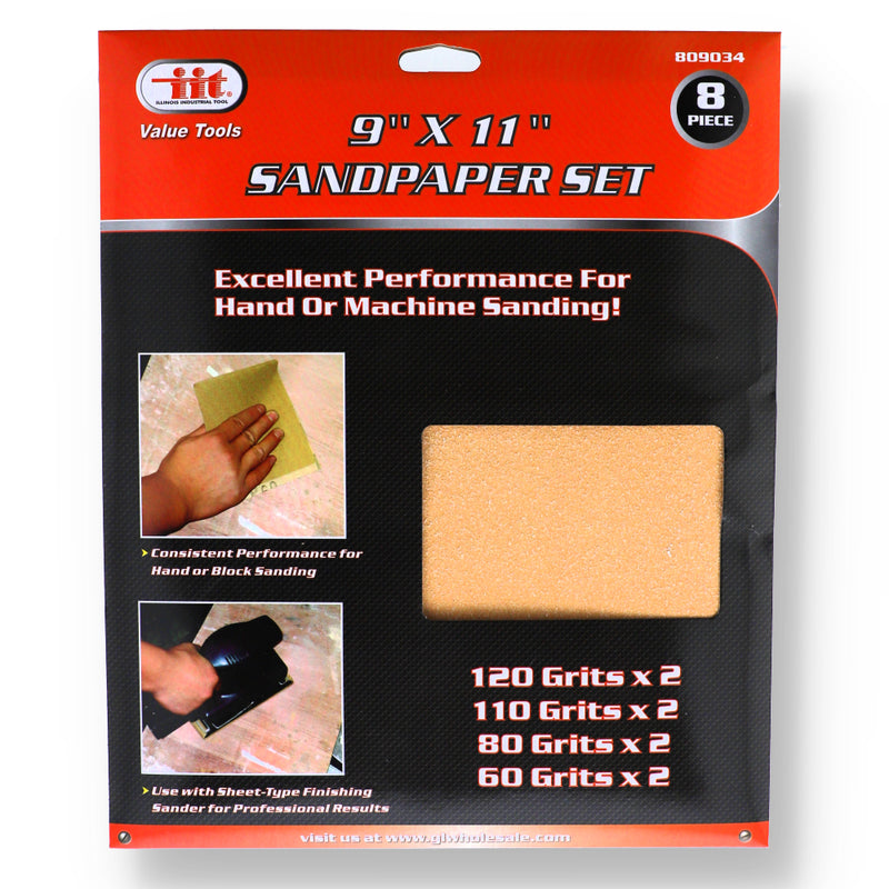809034-IIT 8pc SANDPAPER 9x11'' ASSORTED GRITS