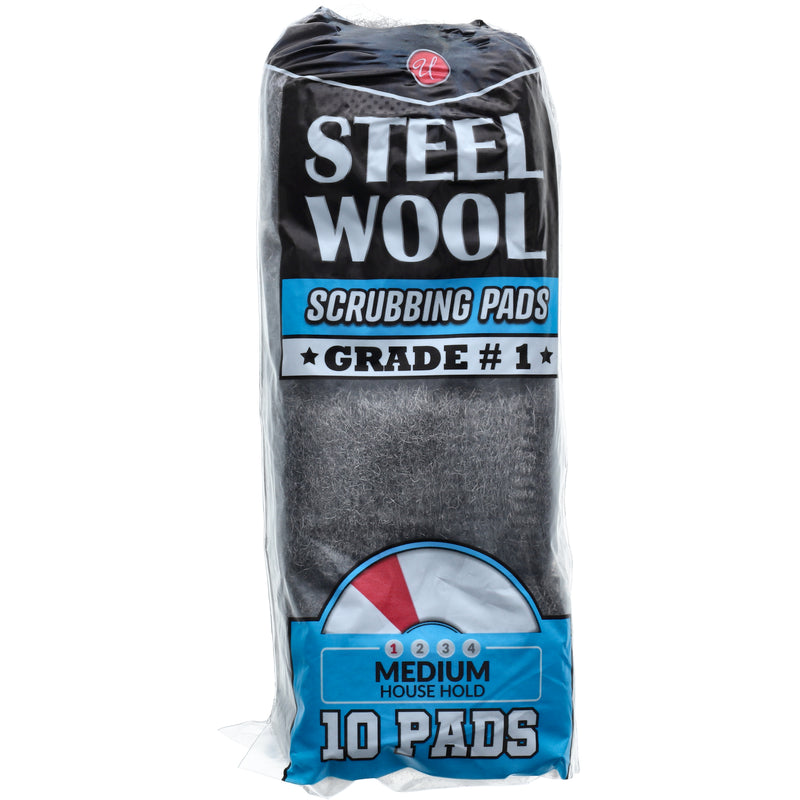 10pk STEEL WOOL SCRUBBING PADS MEDIUM GRADE #1