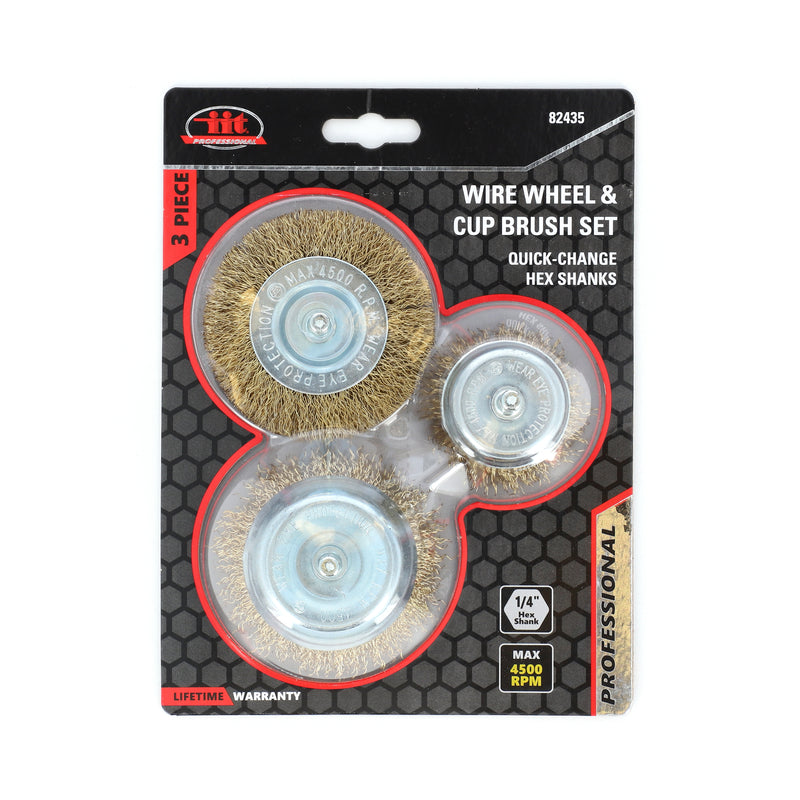 IIT PRO 3PC BRASS WIRE CUP & WHEEL SET QUICK CHANGE HEX SHANKS