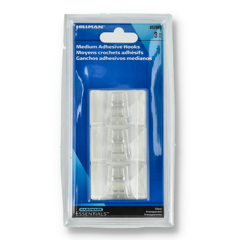 HILLMAN 3PC MEDIUM CLEAR SELF-ADHESIVE HOOKS