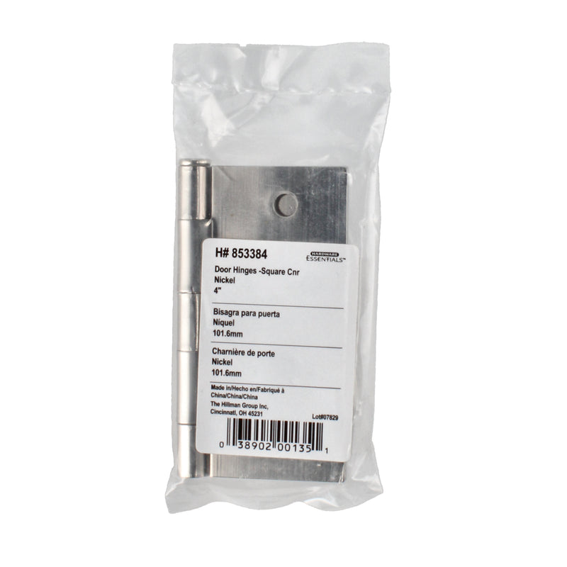 HILLMAN 4'' DOOR HINGE NICKEL SQUARE CORNER 1/4'' BAG & UPC