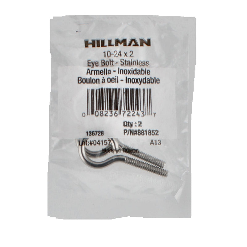 HILLMAN 2PK STAINLESS EYE BOLT 10-24x2''