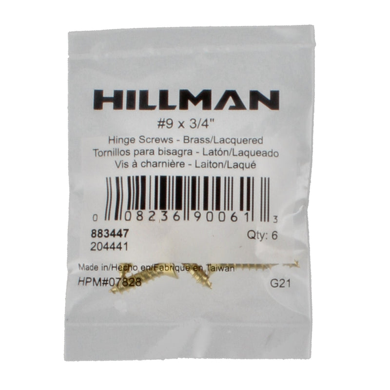 HILLMAN 6PK BRASS HINGE SCREWS #9x3/4'' LAQUERED