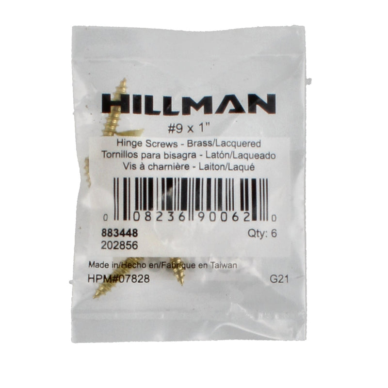HILLMAN 6PK BRASS HINGE SCREWS #9x1'' LAQUERED