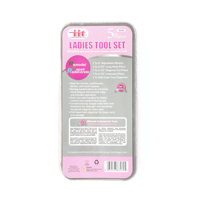 IIT 5PC LADIES PLIERS & ADJUSTABLE WRENCH SET IN PINK FOAM TRAY