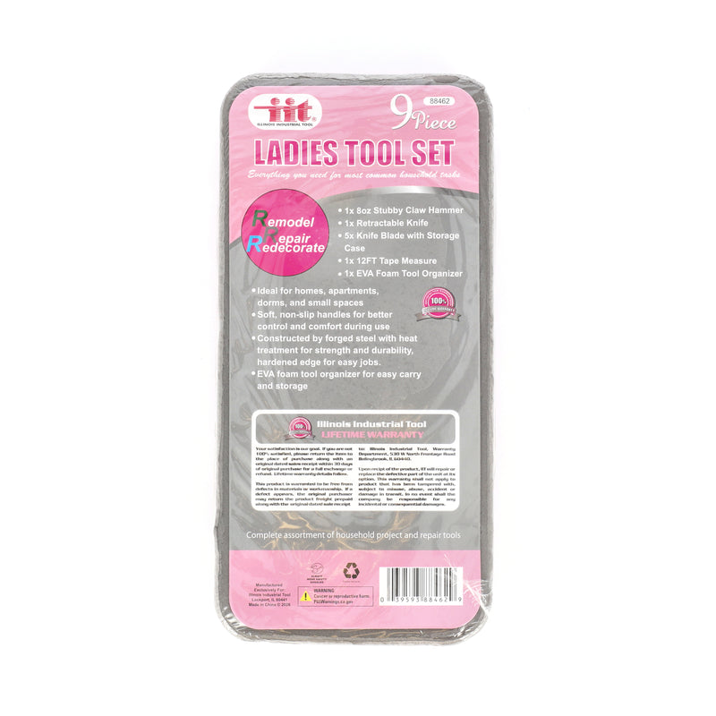 IIT 9PC LADIES TOOL SET IN FOAM TRAY HAMMER-KNIFE-TAPE MEASURE