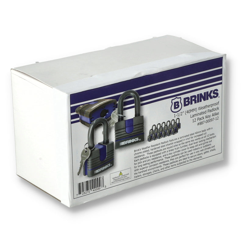 12pk BRINKS 1-/2" (40mm) WEATHERPROOF PADLOCK SET KEYED ALIKE