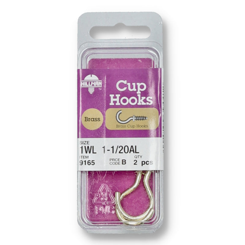 HILLMAN 2pc BRASS CUP HOOKS 1-1/2''