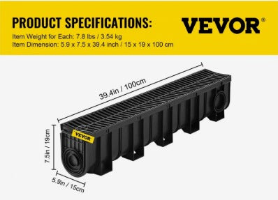 VEVOR 4PK 5.9 X 7.5'' PLASTIC TRENCH DRAIN SYSTEM
