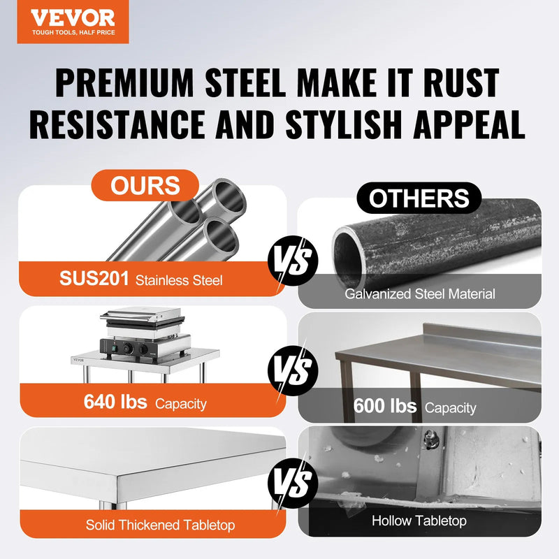 VEVOR STAINLESS PREP TABLE 700LB CAPACITY 4 WHEELS 24x18x34'' ADJUSTABLE HEIGHT