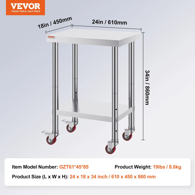 VEVOR STAINLESS PREP TABLE 700LB CAPACITY 4 WHEELS 24x18x34'' ADJUSTABLE HEIGHT