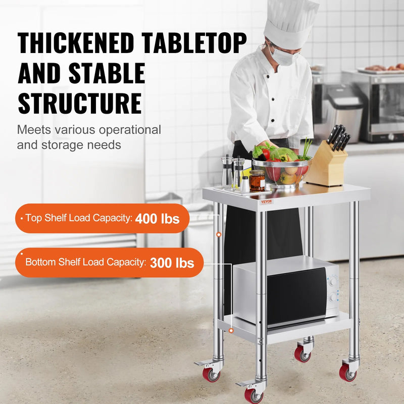 VEVOR STAINLESS PREP TABLE 700LB CAPACITY 4 WHEELS 24x18x34'' ADJUSTABLE HEIGHT