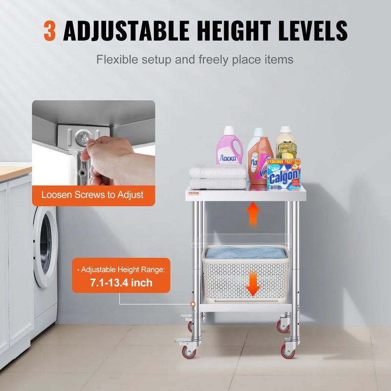 VEVOR STAINLESS PREP TABLE 700LB CAPACITY 4 WHEELS 24x18x34'' ADJUSTABLE HEIGHT