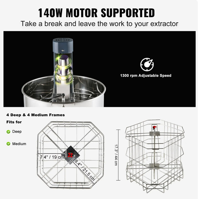VEVOR 4/8 FRAME STAINLESS HONEY SPINNER EXTRACTOR WITH STAND