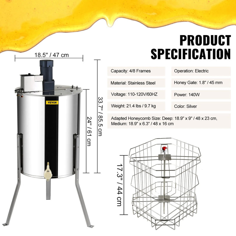 VEVOR 4/8 FRAME STAINLESS HONEY SPINNER EXTRACTOR WITH STAND