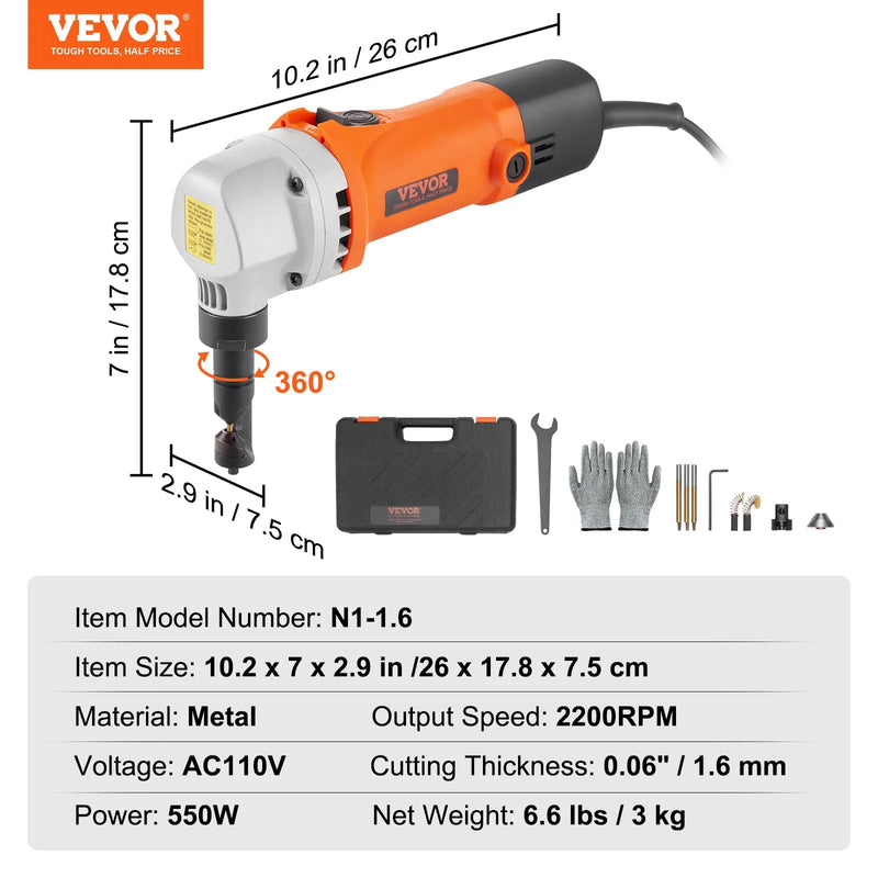 VEVOR 360° SHEET METAL NIBBLER 550W 2200 RPM IN BLOW MOLD CASE Double Head Sheet Metal Nibbler Cutter, 360 Degree Metal Nibbler Drill Attachment