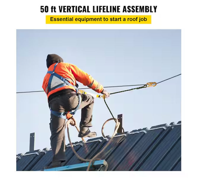 VEVOR 50' VERTICAL LIFELINE ASSEMBLEY FALL PRORECTION ROPE -Vertical Lifeline Assembly, 50 ft Fall Protection Rope, Polyester Roofing Rope, CE Compliant