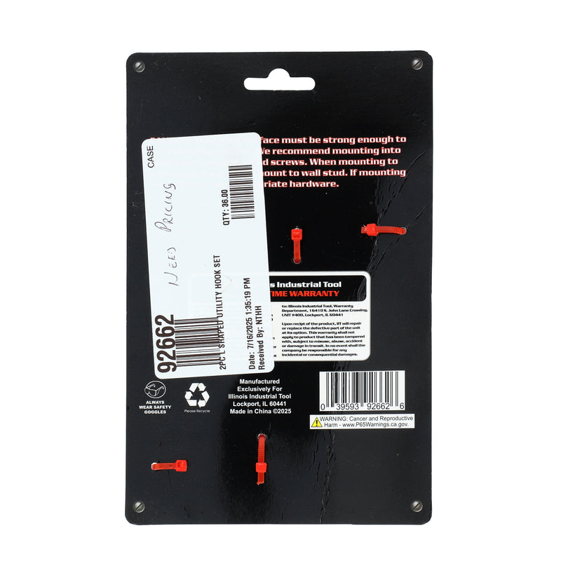 IIT 2pc L SHAPED UTILITY HOOK SET 4.5x3'' 33lb CAPACITY