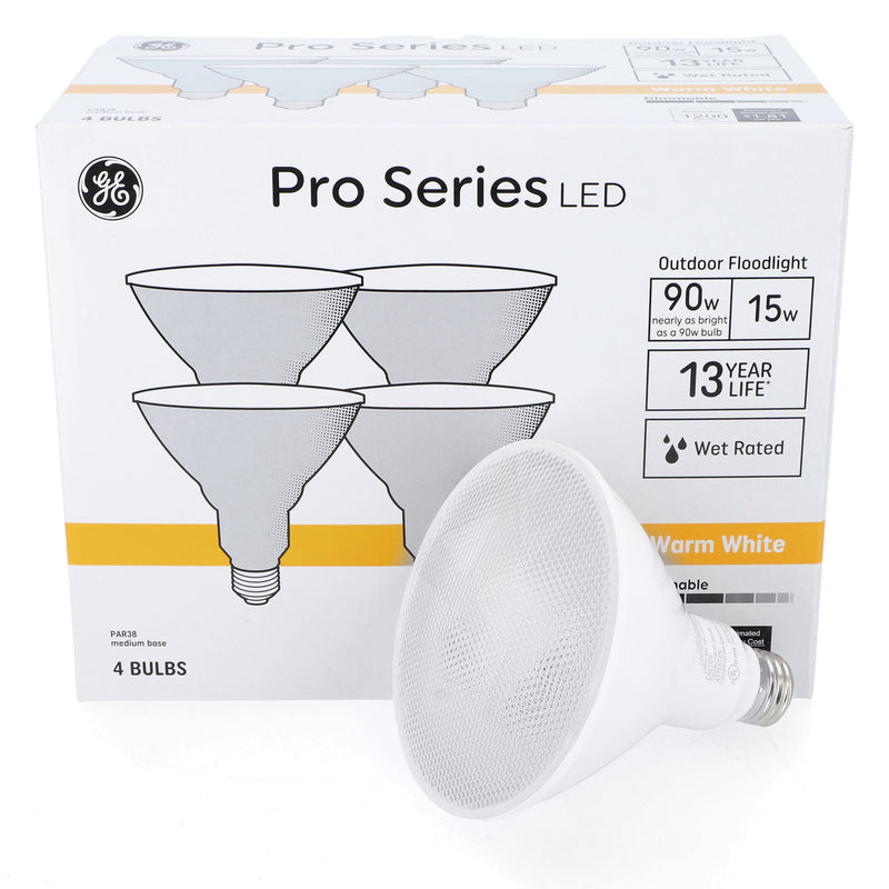 GE PRO SERIES 4PK 15=90W WET RATED PAR 38 OUTDOOR FLOODLIGHT DIMMABLE WARM WHITE
