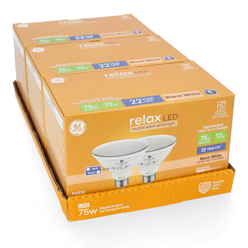 GE RELAX 2PK 12=75W PAR 30 INDOOR SPOT OR FLOODLIGHT DIMMABLE LED BULBS