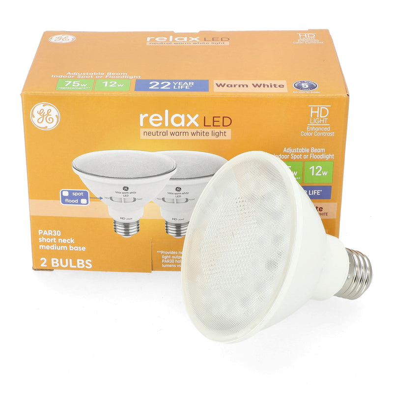 GE RELAX 2PK 12=75W PAR 30 INDOOR SPOT OR FLOODLIGHT DIMMABLE LED BULBS