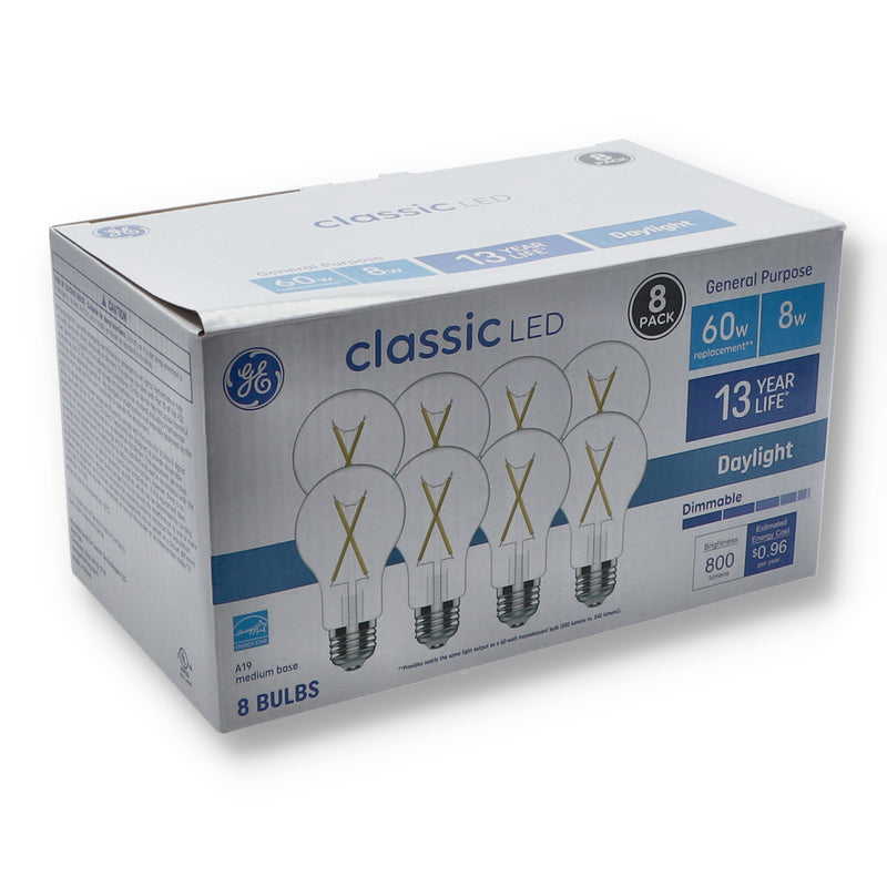 GE 8pk 8=60w A19 CLEAR LED DIMMABLE BULBS DAYLIGHT