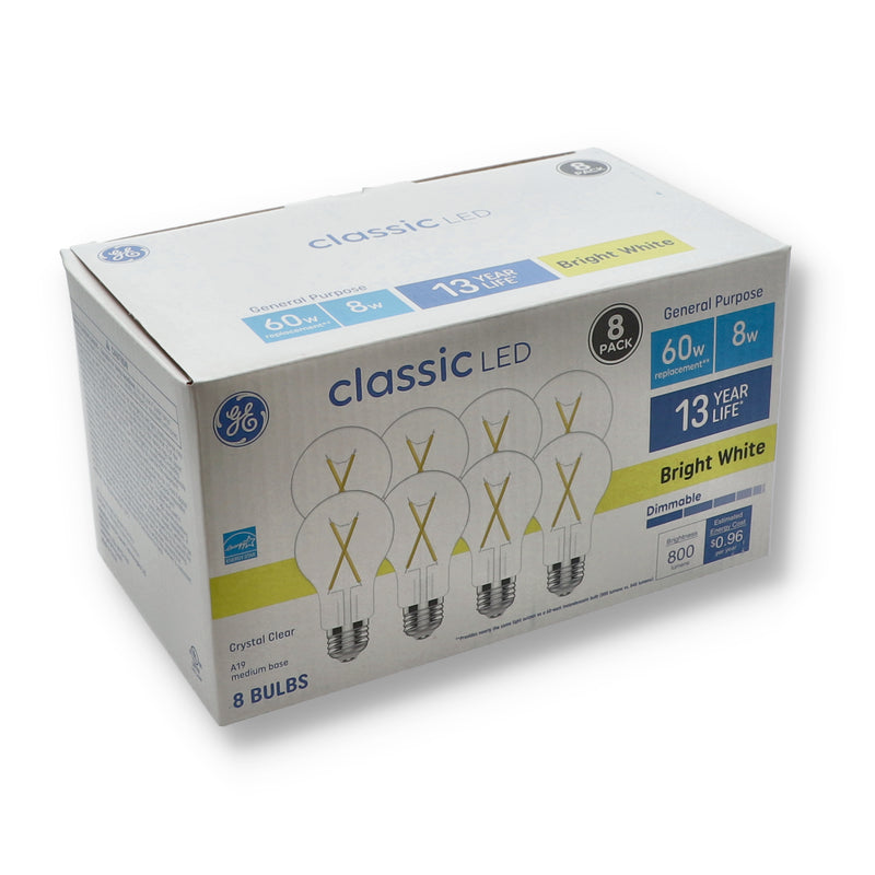 GE 8pk 8=60W A19 CLASSIC LED DIMMABLE BULBS BRIGHT WHITE