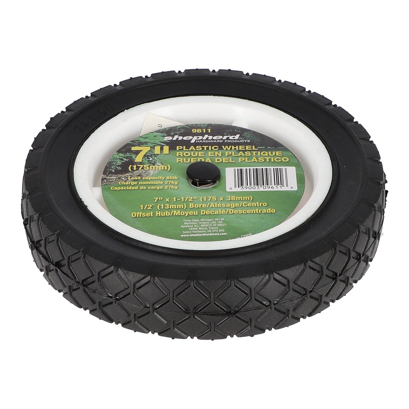 SHEPHERD 7'' x 1-1/2'' PLASTIC WHEEL OFFET HUB RUBBER DIAMOND TREAD 60LB CAPACITY