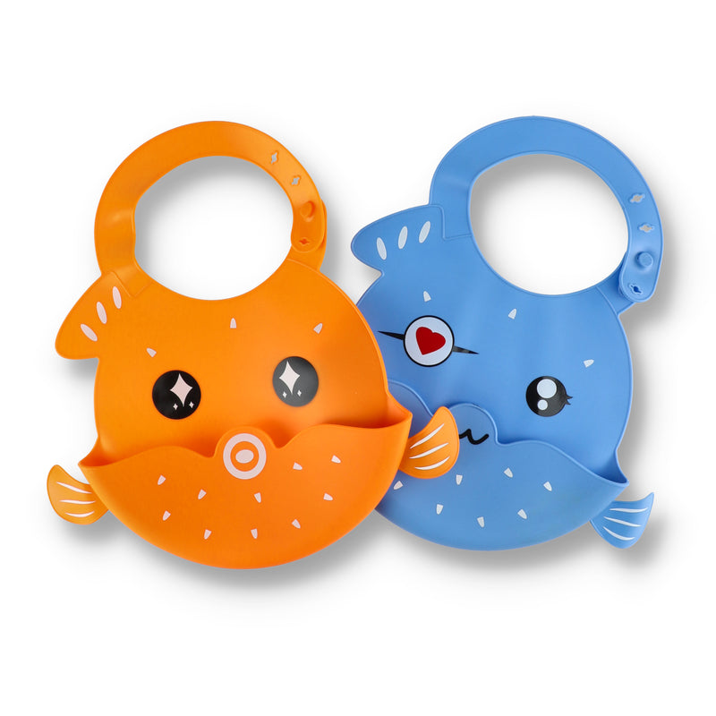 ACORN BABY 2 PK SILICONE BABY BIB BLUE & ORANGE FISH