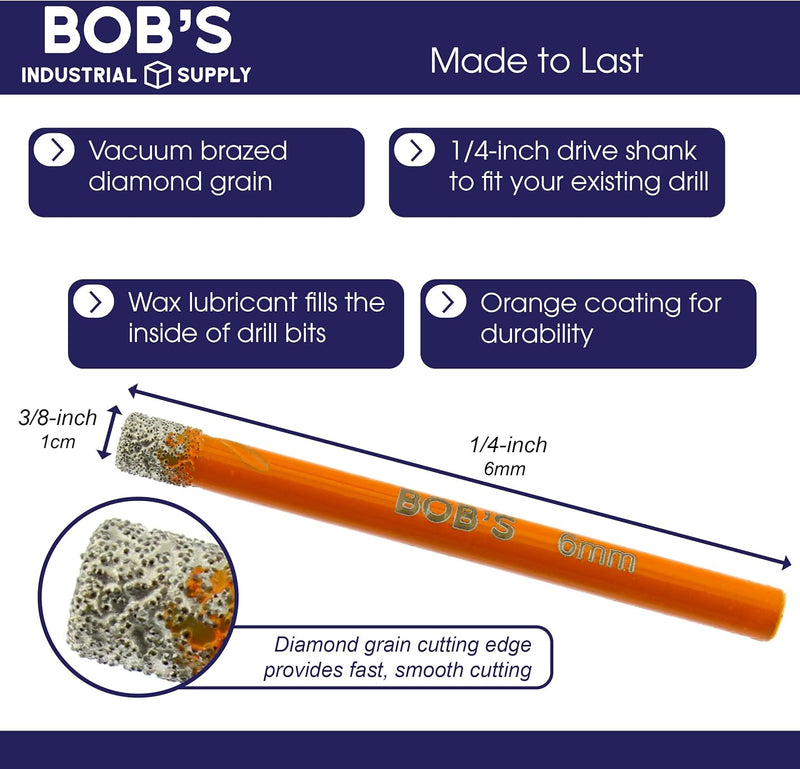 10pc BOBS DRY DIAMOND DRILL BIT SET 1/4'' SHANK w/CASE