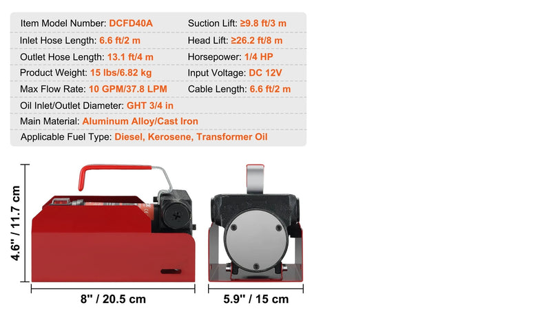 VEVOR 12V 1/4HP FUEL TRANSFER PUMP