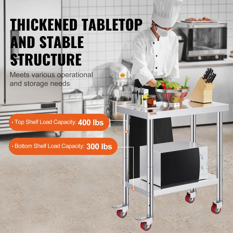VEVOR STAINLESS STEEL WORK TABLE 30x18x34' w/WHEELS 700 LBS Load Capacity