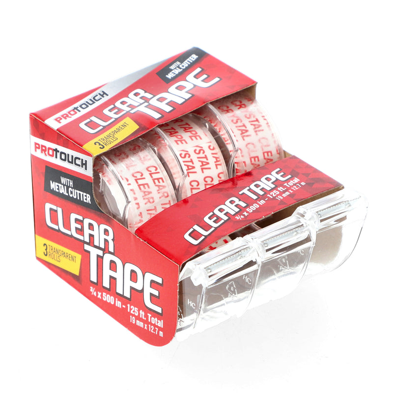 3pk SUPER CLEAR GIFT TAPE 3/4x300'' w/METAL CUTTER