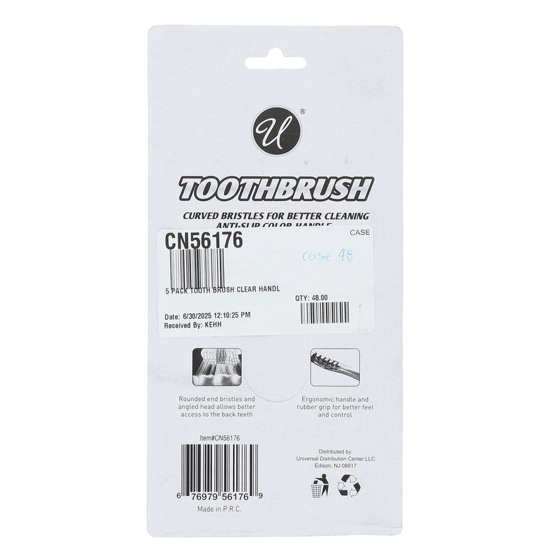 5PK TOOTH BRUSH CLEAR HANDLE SOFT BRISTLES