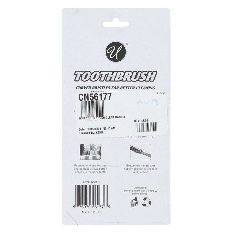 5PK TOOTH BRUSH CLEAR HANDLE MEDIUM BRISTLES