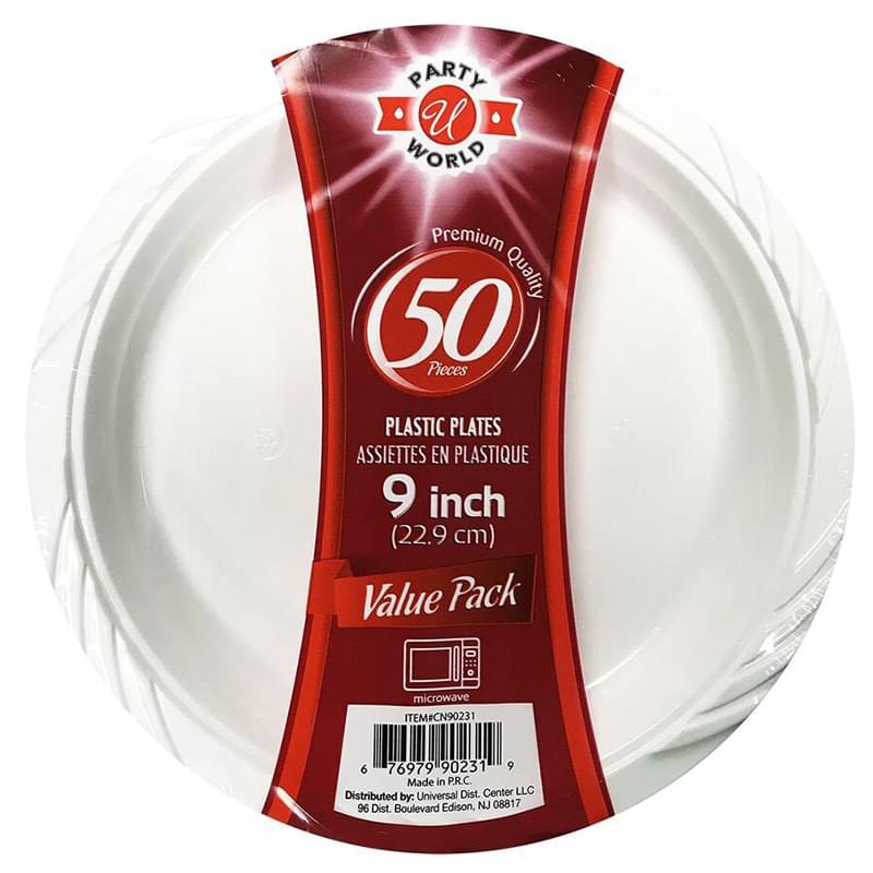 PARTY WORLD 50CT 9'' WHITE PLASTIC PLATE MICROWAVE SAFE