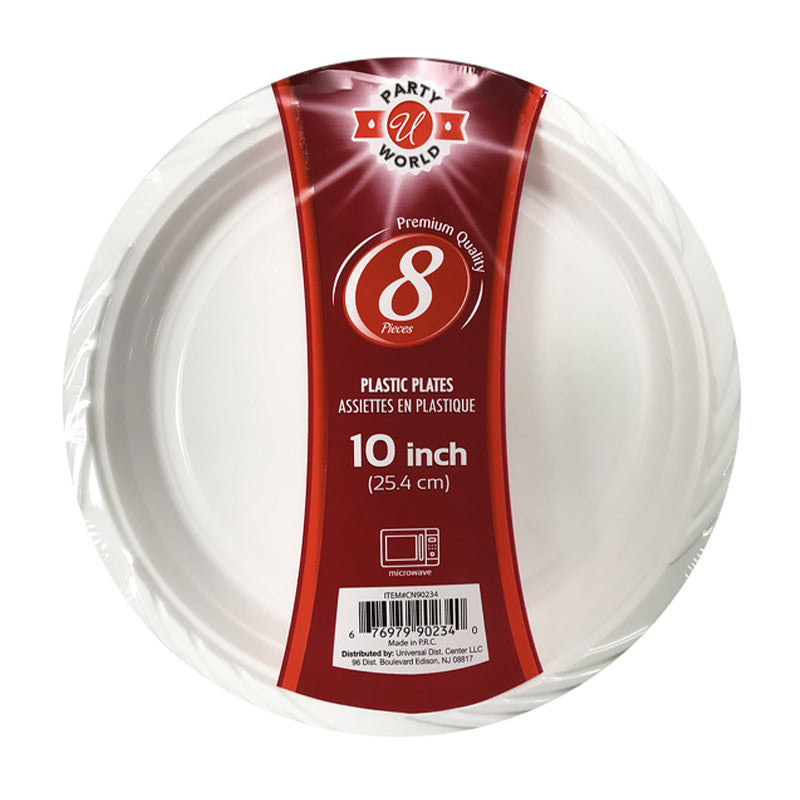 PARTY WORLD 8CT 10'' WHITE PLASTIC PLATE MICROWAVE SAFE