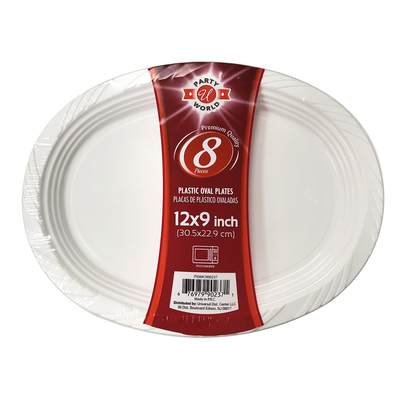 PARTY WORLD 8CT 12x9'' WHITE OVAL PLASTIC PLATE MICROWAVE SAFE