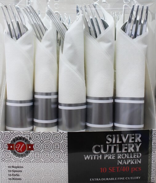 SILVER PLASTIC CUTLERY IN PRE-ROLLED NAPKIN 10 SETS