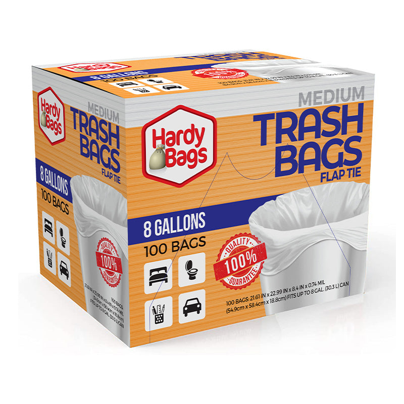 HARDY BAGS 100CT 8 GALLON MEDIUM TRASH BAG FLAP TIE