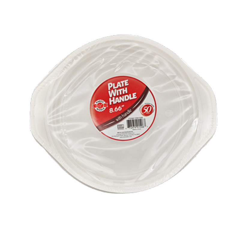 PARTY WORLD 50PC 8.66'' ROUND PLASTIC PLATE WITH HANDLES MICROWAVE SAFE