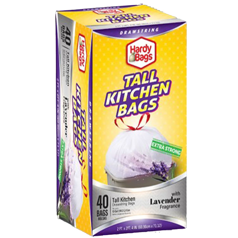 40CT 13 GALLON DRAWSTRING LAVENDER SCENTED TALL KITCHEN BAGS