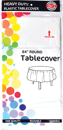 WHITE PLASTIC TABLECOVER 84'' ROUND