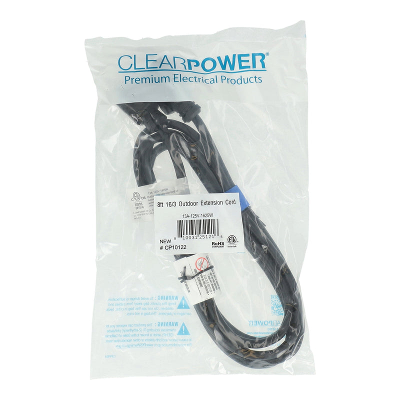 CLEAR POWER 8' 16/3 OUTDOOR EXTENSION CORD C-ETL-US