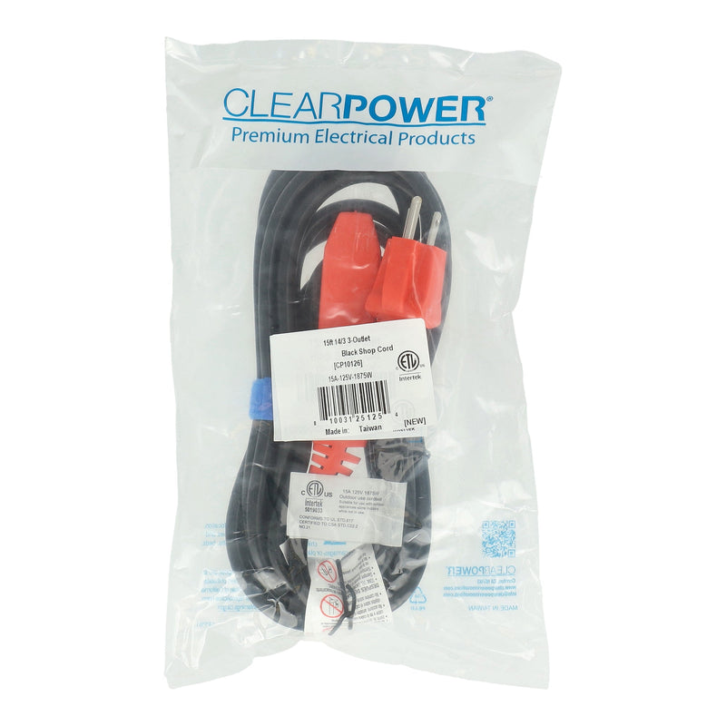 CLEAR POWER 15' 14/3 3 OUTLET EXTENSION CORD WITH CORD STRAP C-ETL-US
