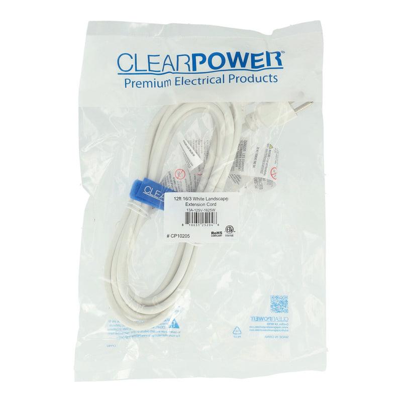 CLEAR POWER 12' 16/3 WHITE LANDSCAPE EXTENSION CORD WITH CORD STRAP C-ETL-US
