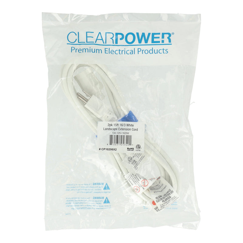 CLEAR POWER 2PK 15' 16/3 WHITE LANDSCAPE EXTENSION CORDS WITH CORD STRAPS C-ETL-US