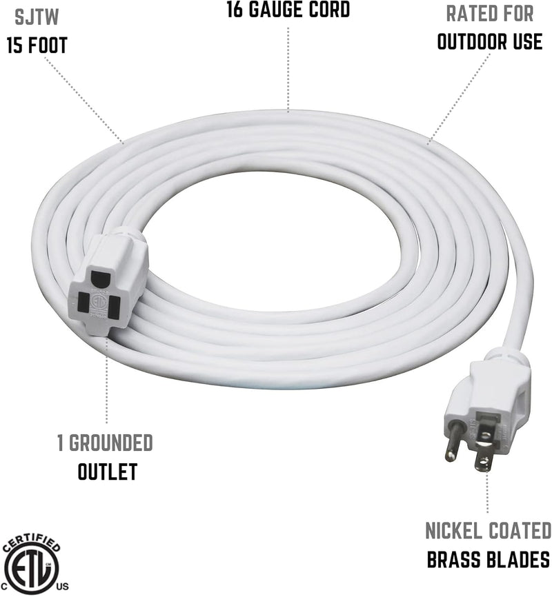 CLEAR POWER 2PK 15' 16/3 WHITE LANDSCAPE EXTENSION CORDS WITH CORD STRAPS C-ETL-US