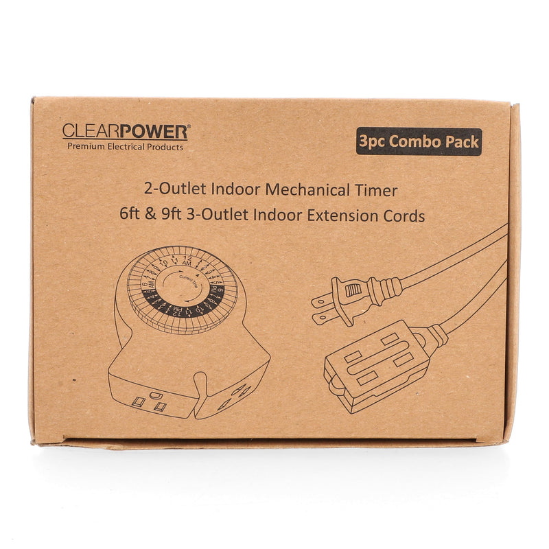 CLEAR POWER 2 OUTLET MECHANICAL TIMER w/6&9' 16/2 EXTENSION CORDS C-ETL-US
