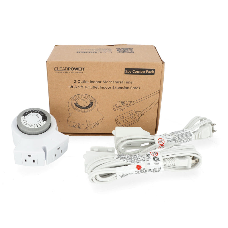 CLEAR POWER 2 OUTLET MECHANICAL TIMER w/6&9' 16/2 EXTENSION CORDS C-ETL-US